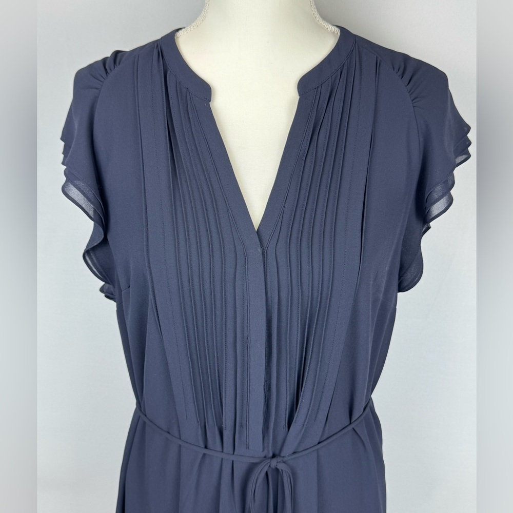 H&M Pintuck Dress Flutter Short Sleeves Tie Waist Navy Blue Lightweight Size 14 - Picture 4 of 13